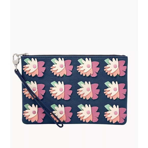 Fossil Women’s Navy Abstract Layered Floral Cowhide Leather Wristlet Boho Garden - Picture 6 of 6